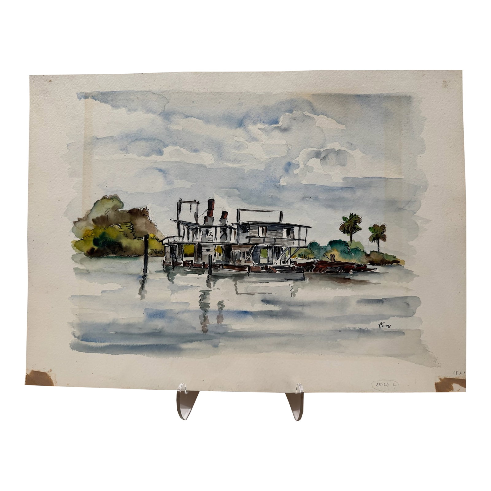 Henry Emil Salloch Original Watercolor on Paper Waterway and Mirror Reflections, 1948.: Original watercolor on paper by Henry Emil Salloch, also known as Heinz Emil Salloch, the German-born American artist and graphic designer who emigrated to the United States in 1937. This unframed wor