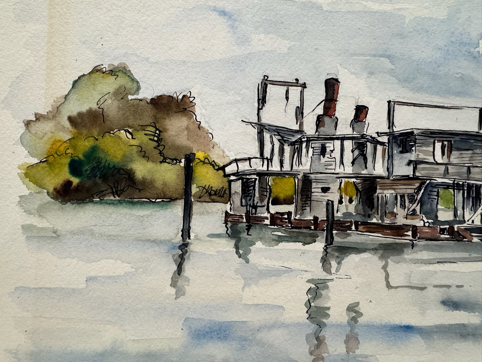 Henry Emil Salloch Original Watercolor on Paper Waterway and Mirror Reflections, 1948. - 2