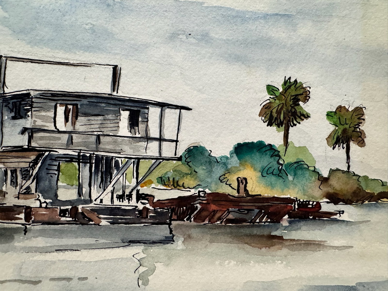 Henry Emil Salloch Original Watercolor on Paper Waterway and Mirror Reflections, 1948. - 3