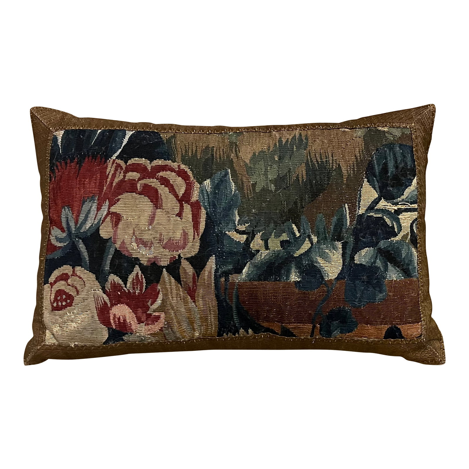Antique 18th Century French Aubusson Verdure Tapestry Pillow: Antique 18th century French aubusson verdure tapestry pillow. Measures 17 1/2" x 12" x 5 1/2". Good condition - minor loss. Displays beautifully with strong colors. Condition: Alterations: Original