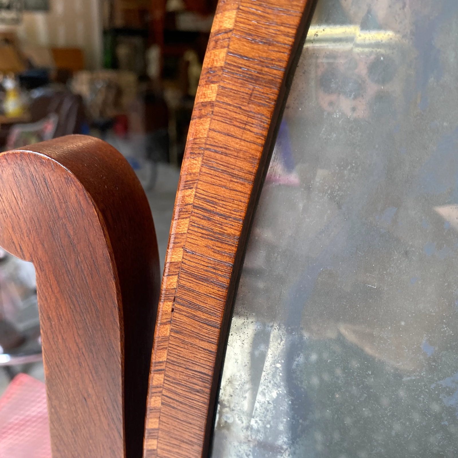 Vintage 1930s Standing Mirror With Mercury Beveled Glass and Wooden Marquetry - 6