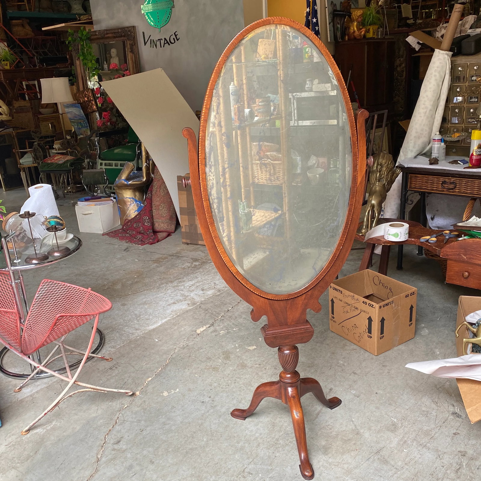Vintage 1930s Standing Mirror With Mercury Beveled Glass and Wooden Marquetry - 7