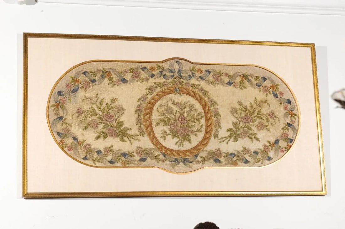 French 19th Century Framed Needlepoint Tapestry with Ribbon and Floral Decor - 2