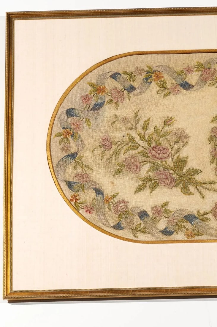 French 19th Century Framed Needlepoint Tapestry with Ribbon and Floral Decor - 5