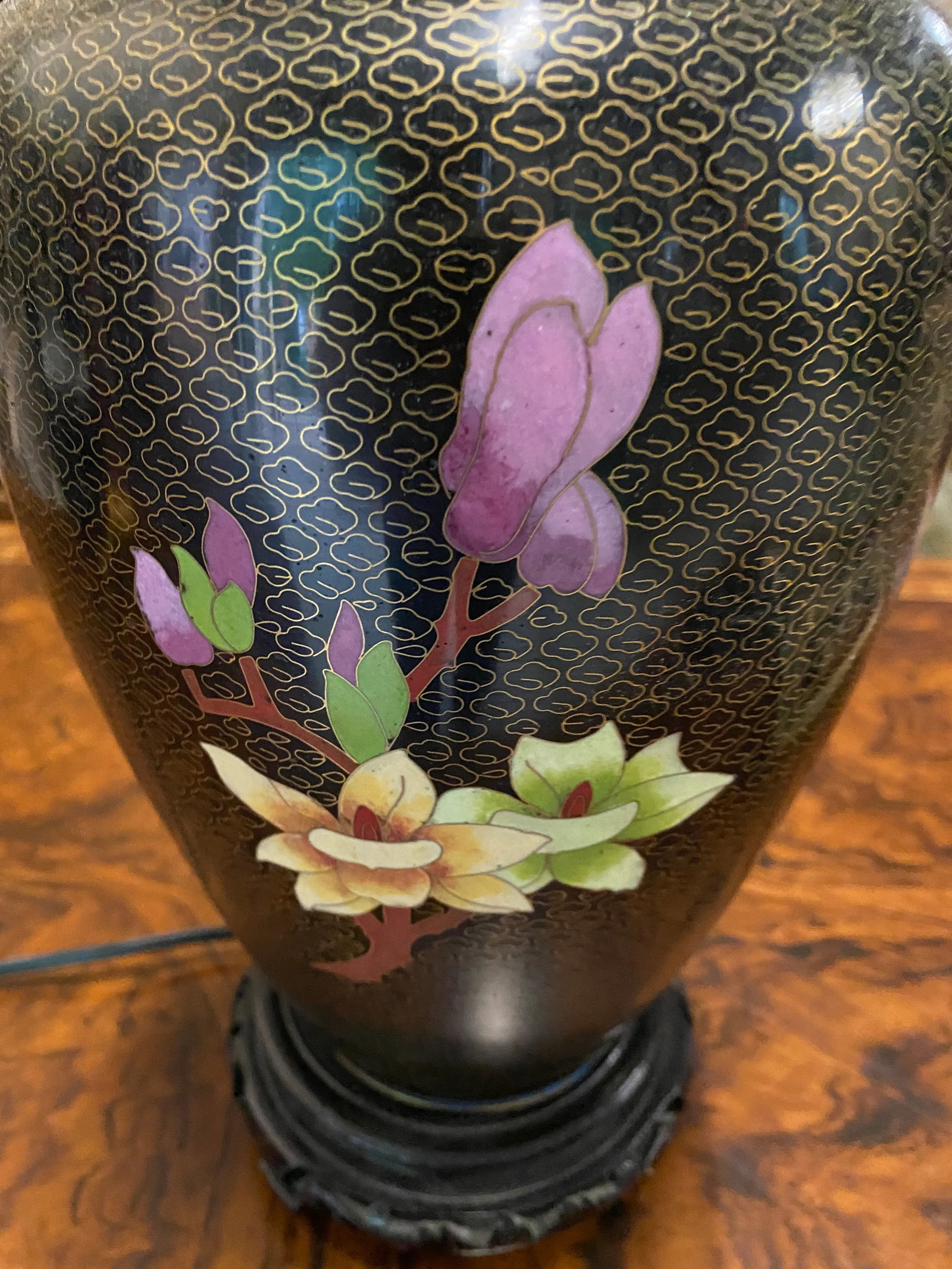 1970s Asian Black Lamp With Cherry Blossoms - 4
