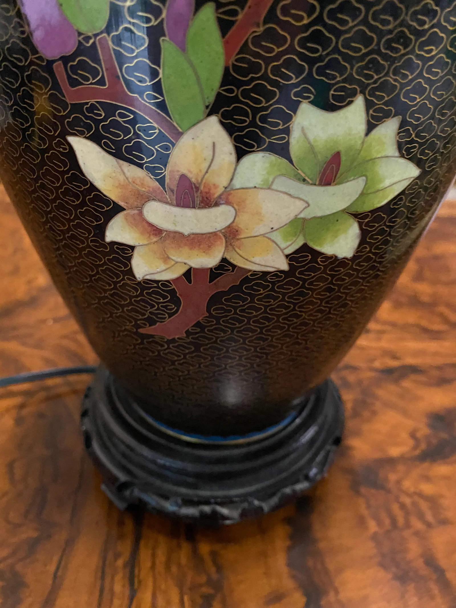 1970s Asian Black Lamp With Cherry Blossoms - 5