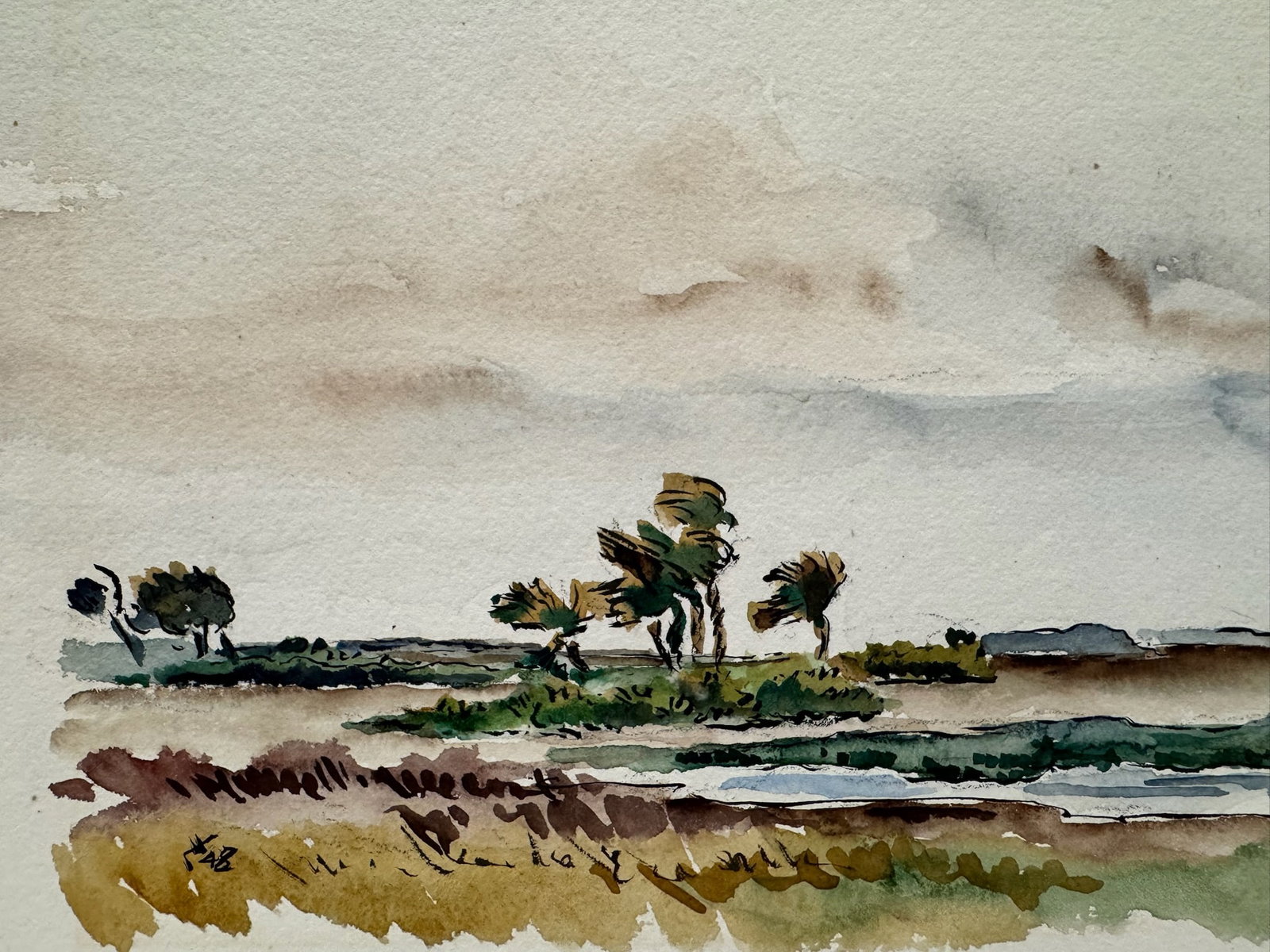Henry Emil Salloch Original Watercolor on Paper Coastal Marsh Landscape, 1948. - 2