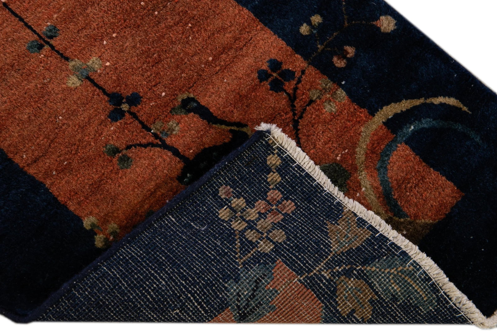 Antique Art Deco Handmade Tan and Blue Floral Scatter Wool Rug - 2