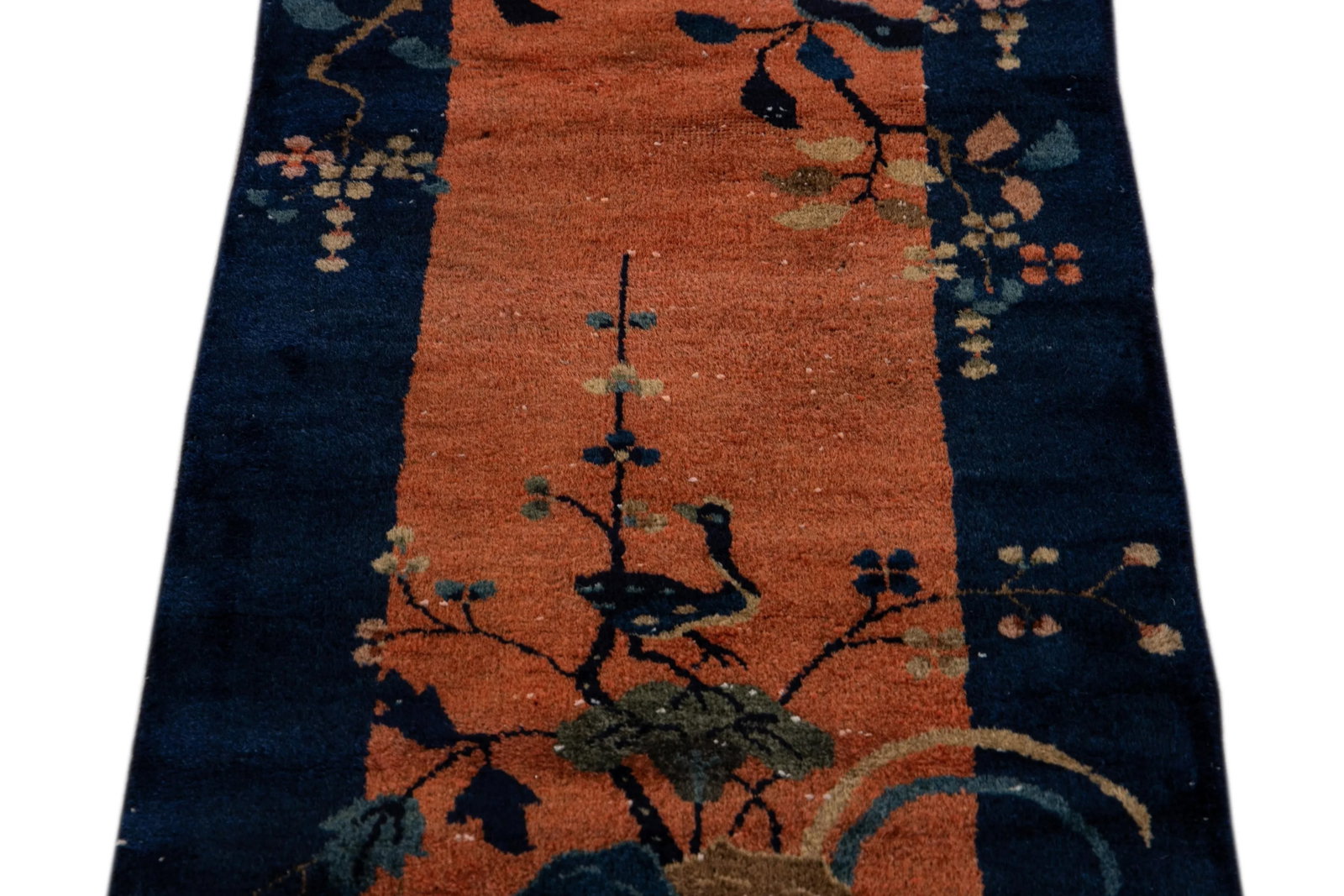 Antique Art Deco Handmade Tan and Blue Floral Scatter Wool Rug - 3