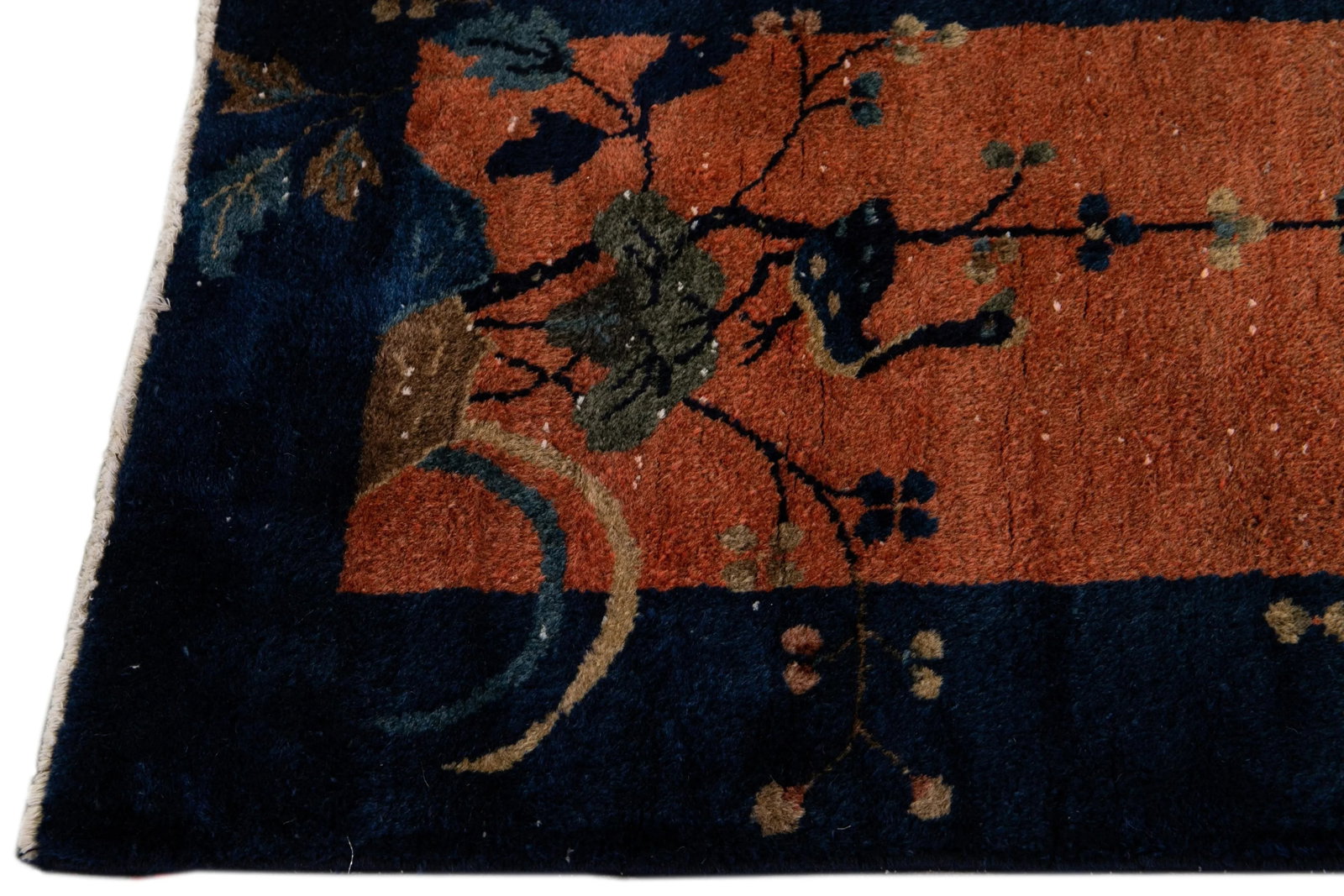 Antique Art Deco Handmade Tan and Blue Floral Scatter Wool Rug - 4