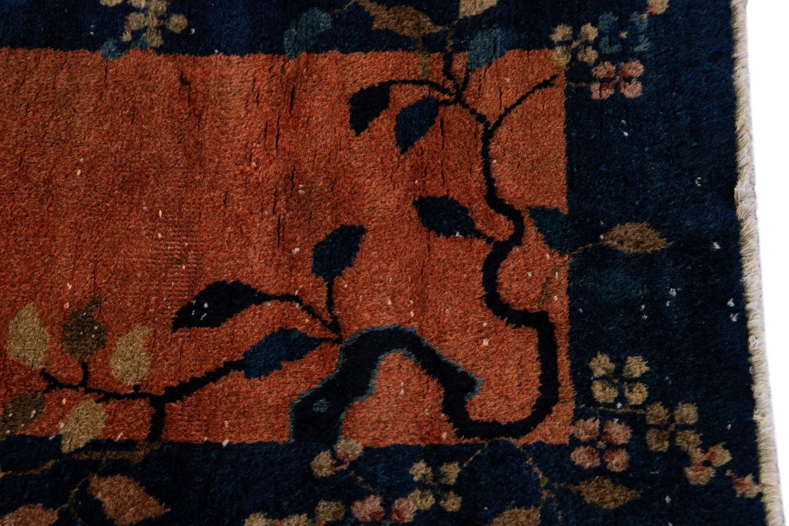 Antique Art Deco Handmade Tan and Blue Floral Scatter Wool Rug - 5