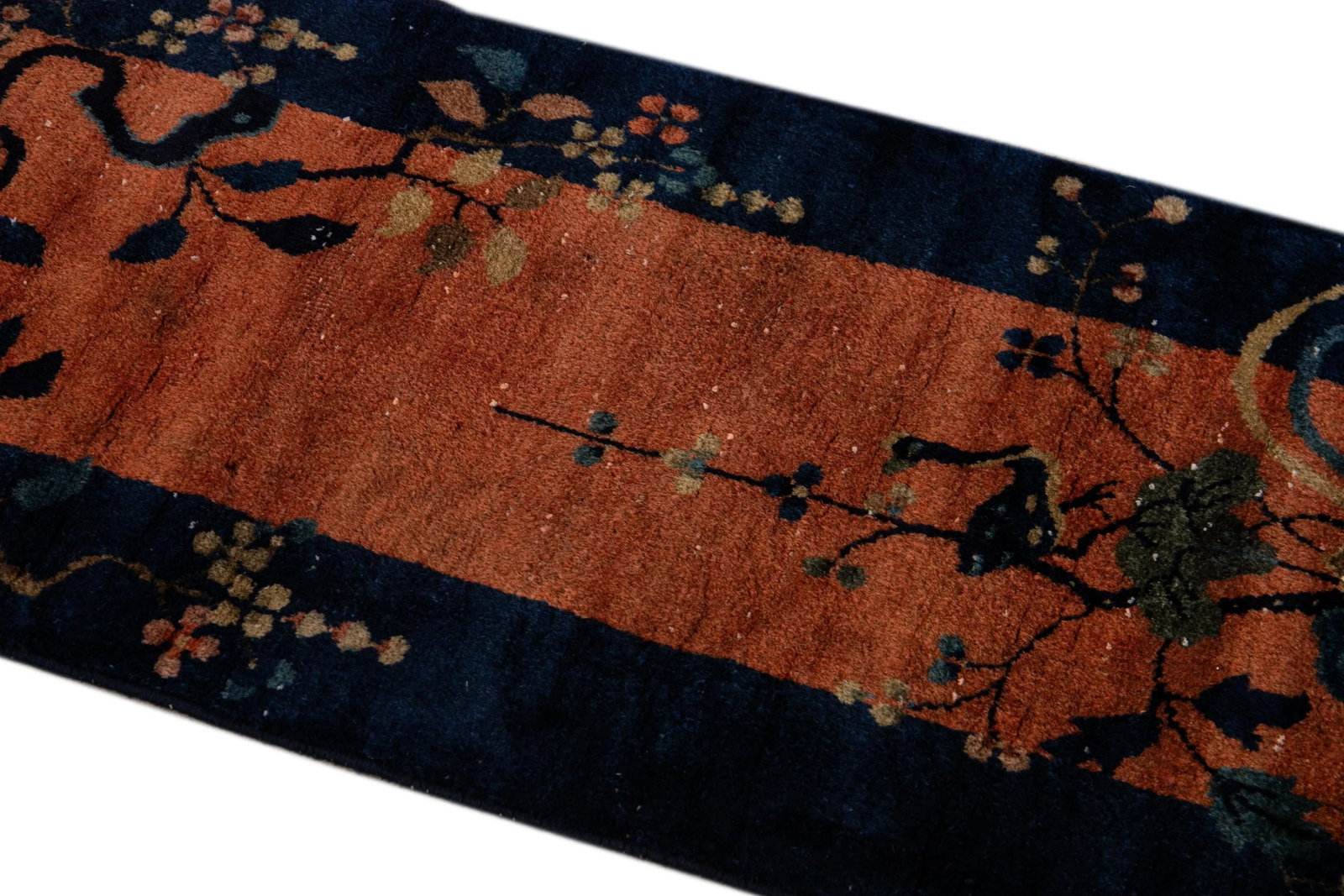 Antique Art Deco Handmade Tan and Blue Floral Scatter Wool Rug - 6