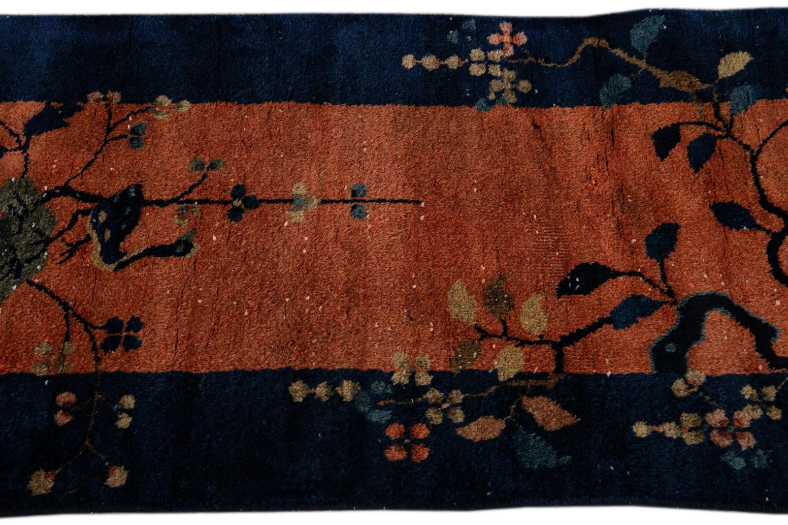 Antique Art Deco Handmade Tan and Blue Floral Scatter Wool Rug - 7