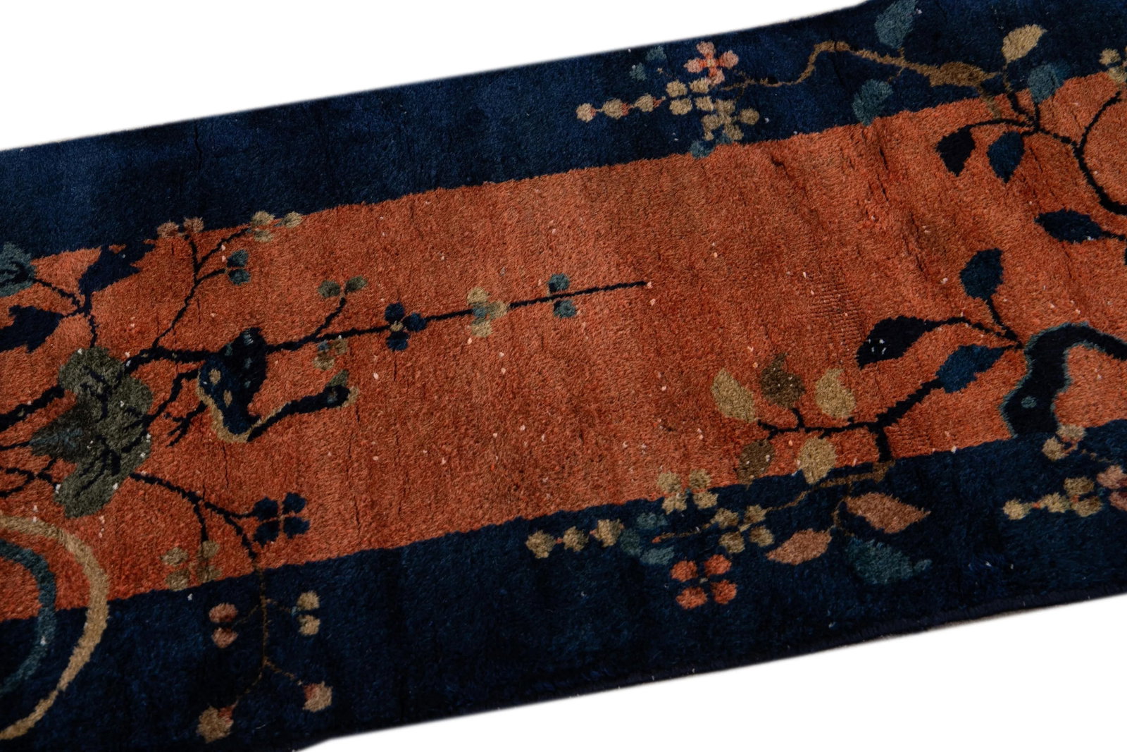 Antique Art Deco Handmade Tan and Blue Floral Scatter Wool Rug - 8