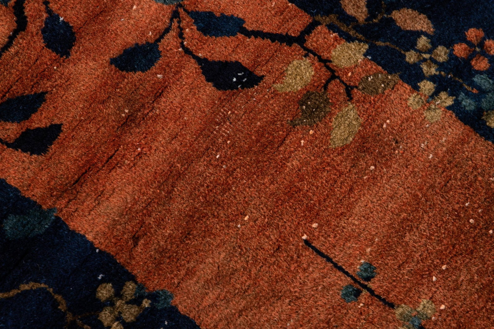 Antique Art Deco Handmade Tan and Blue Floral Scatter Wool Rug - 9