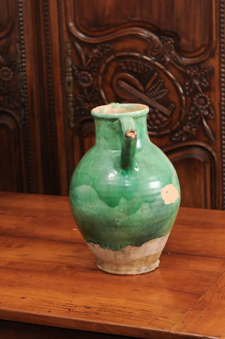 19th Century French Provincial Distressed Green Glazed Pottery Jug - 10