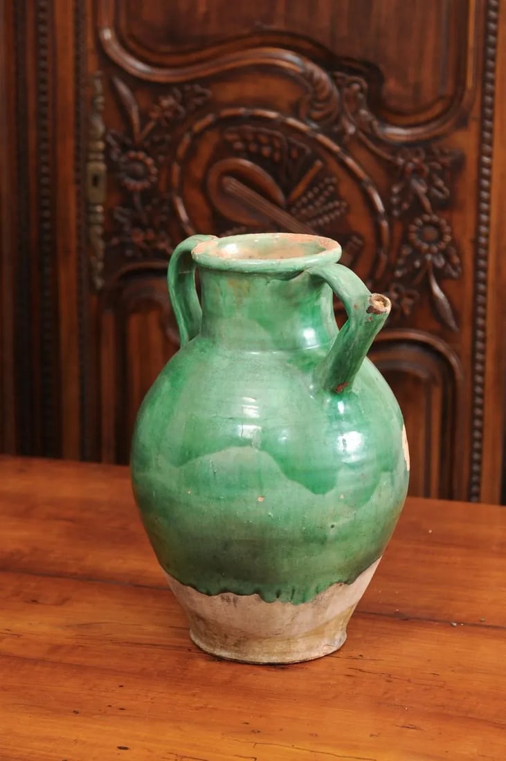 19th Century French Provincial Distressed Green Glazed Pottery Jug - 2