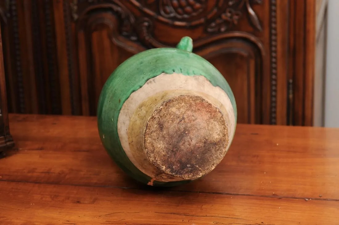 19th Century French Provincial Distressed Green Glazed Pottery Jug - 3