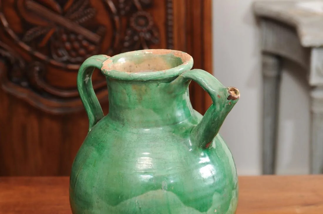 19th Century French Provincial Distressed Green Glazed Pottery Jug - 4