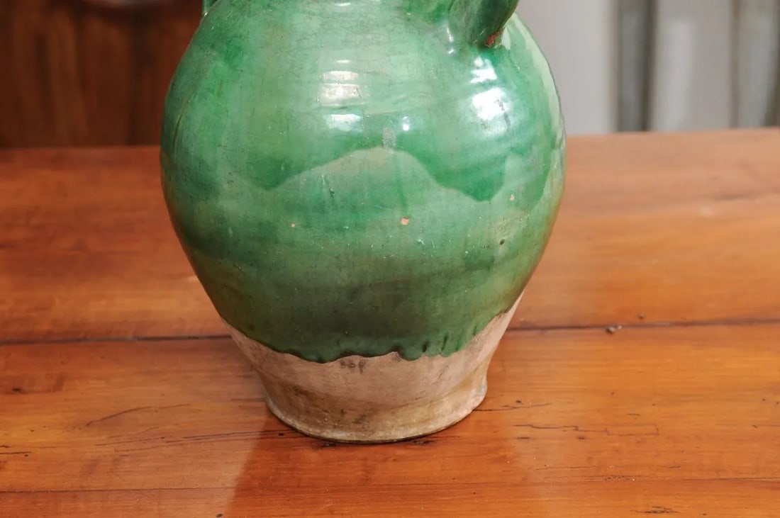 19th Century French Provincial Distressed Green Glazed Pottery Jug - 5