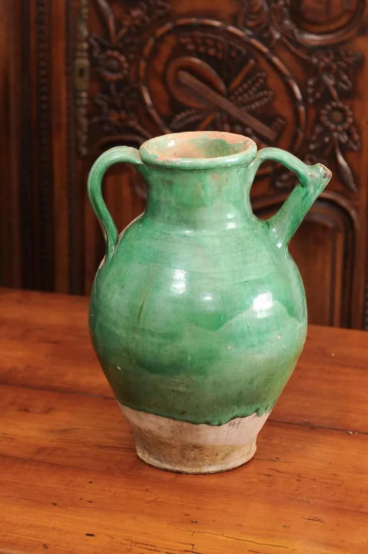 19th Century French Provincial Distressed Green Glazed Pottery Jug - 6