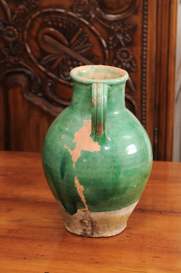 19th Century French Provincial Distressed Green Glazed Pottery Jug - 7