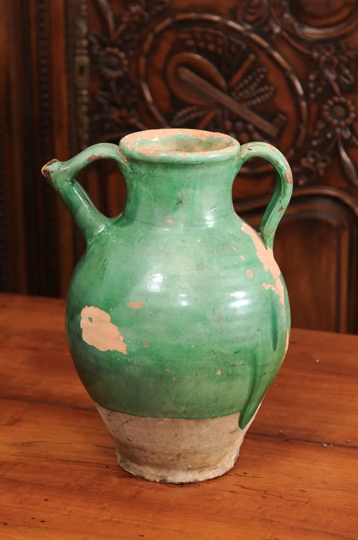 19th Century French Provincial Distressed Green Glazed Pottery Jug - 8