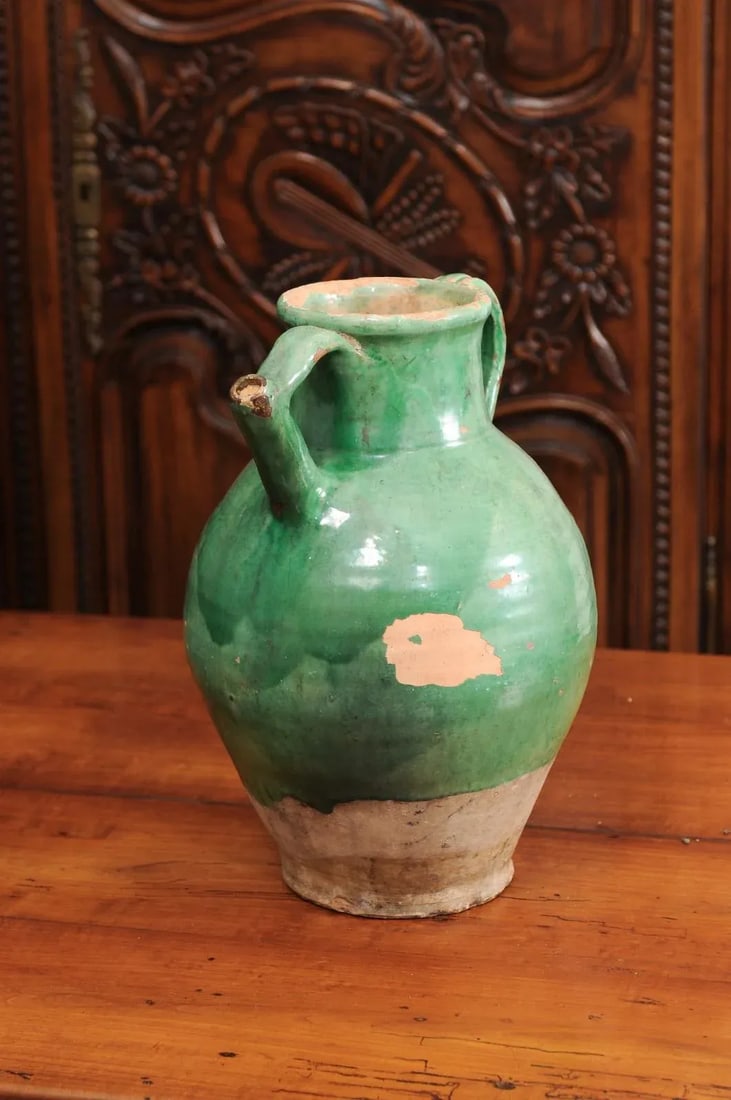 19th Century French Provincial Distressed Green Glazed Pottery Jug - 9