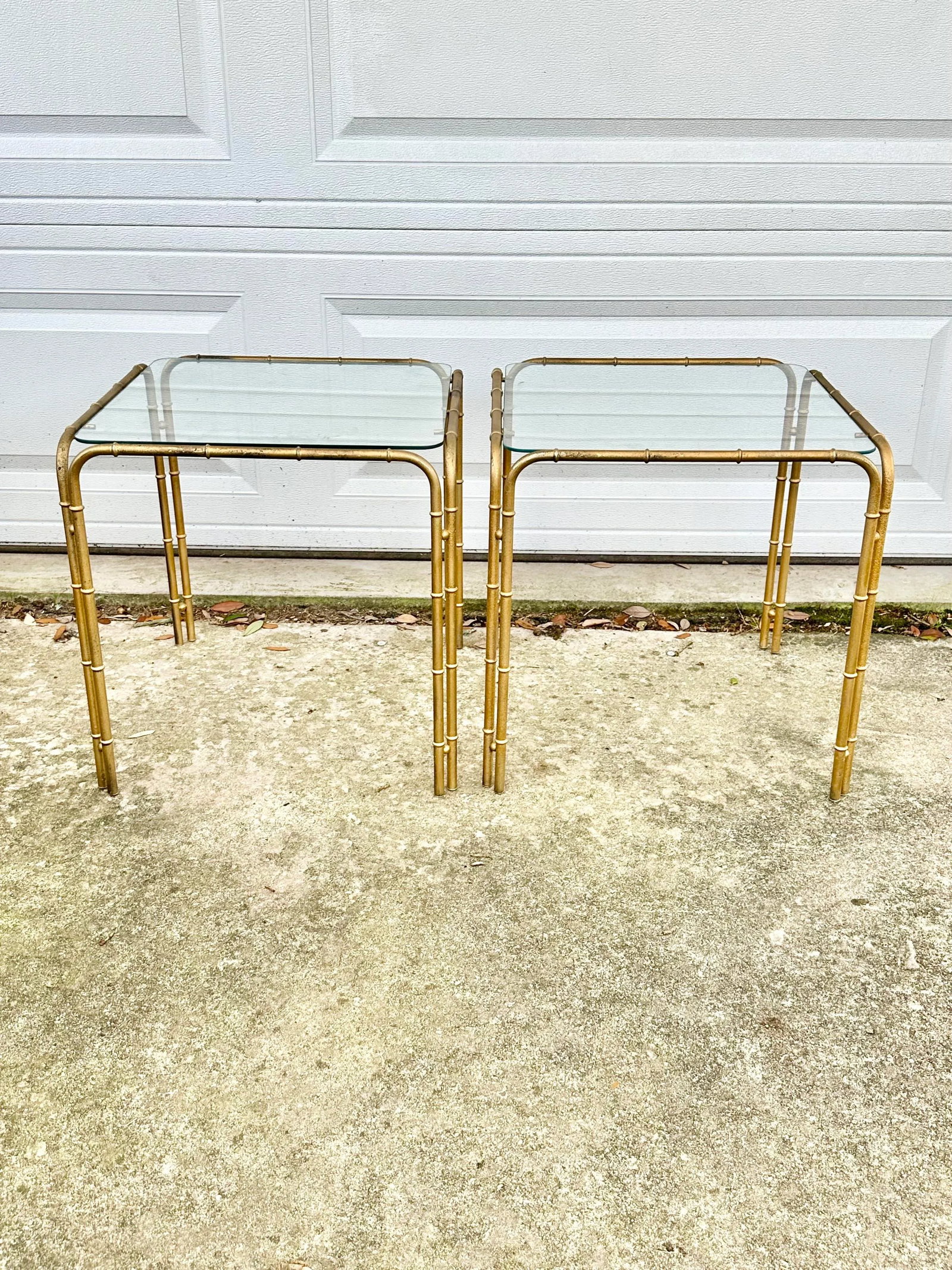 Vintage Faux Bamboo Metal and Glass Side Tables-A Pair - 2