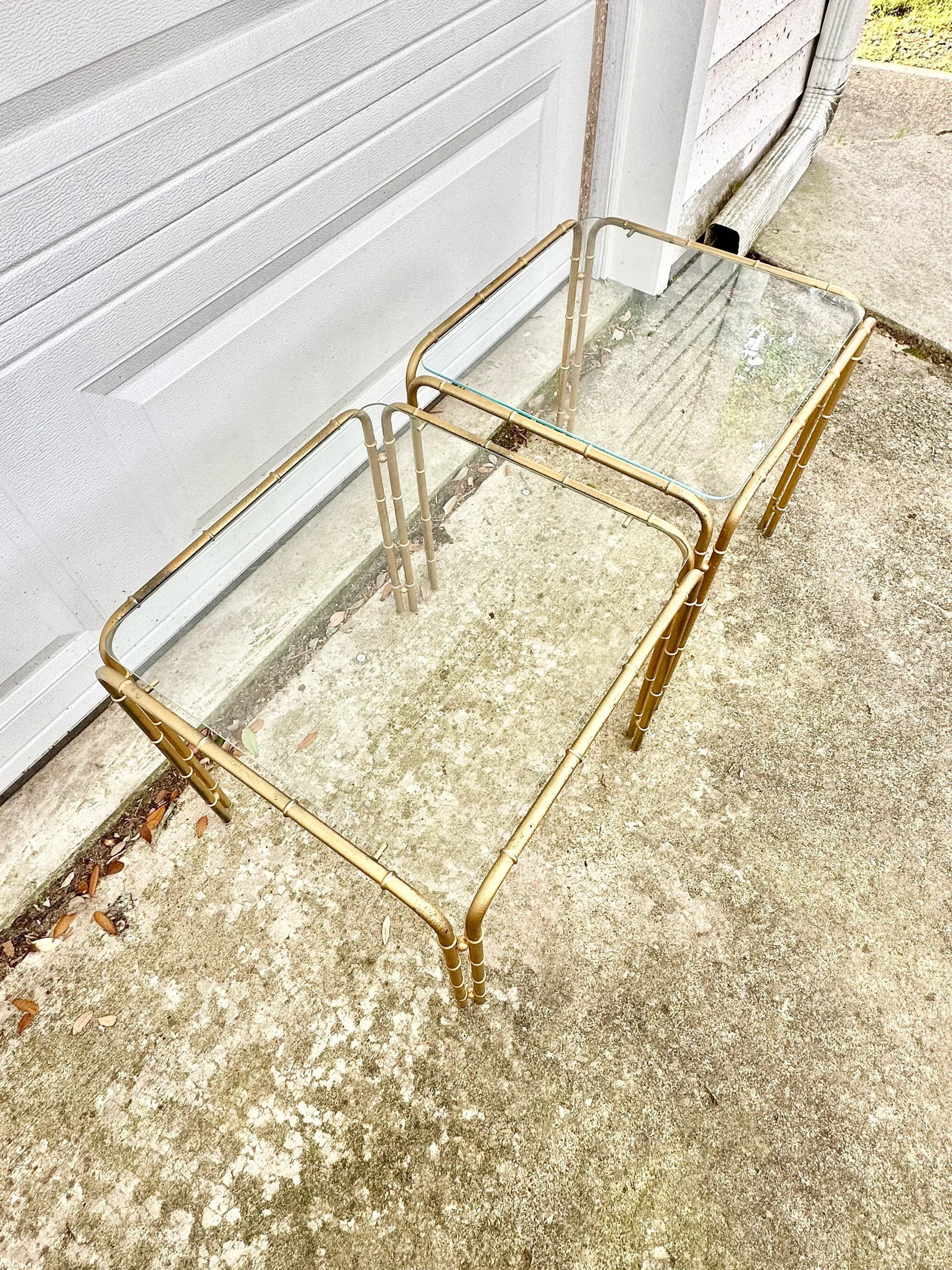 Vintage Faux Bamboo Metal and Glass Side Tables-A Pair - 5