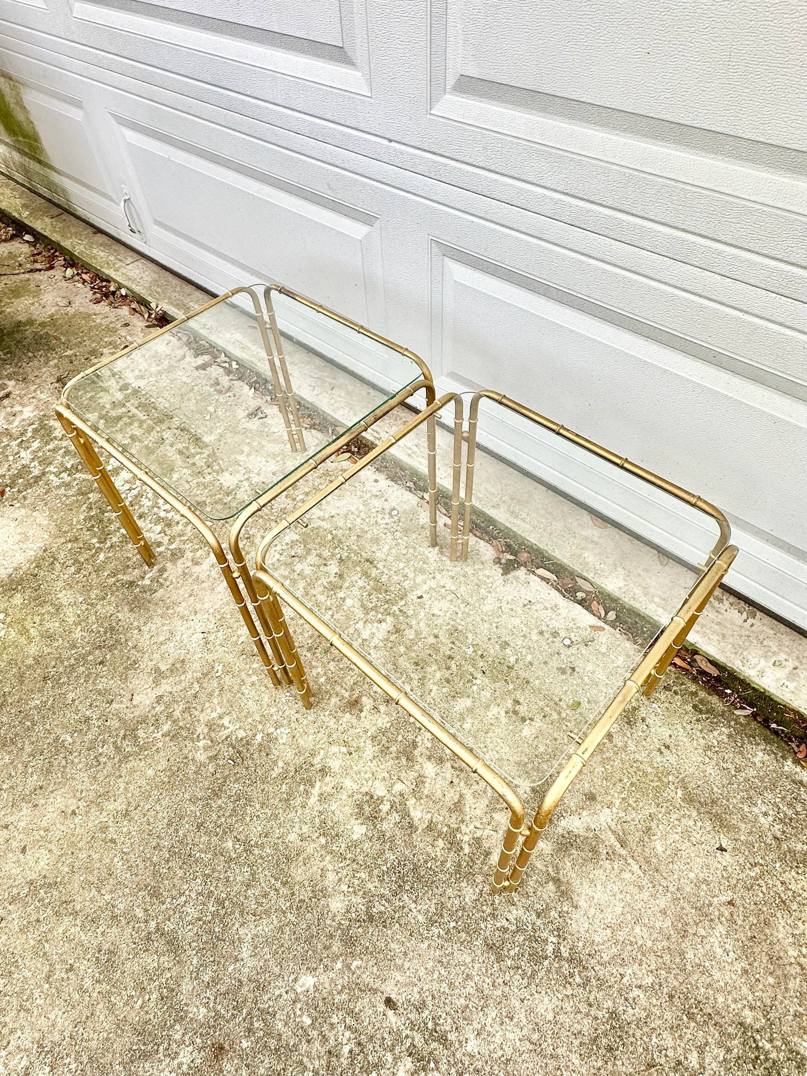 Vintage Faux Bamboo Metal and Glass Side Tables-A Pair - 6