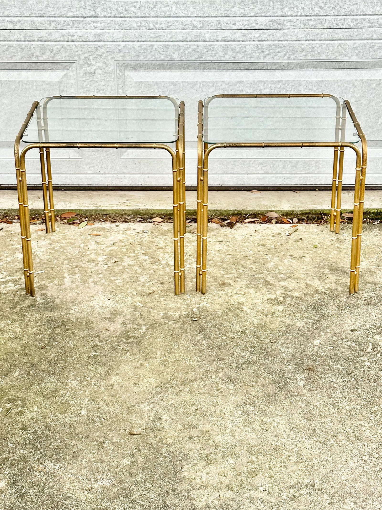 Vintage Faux Bamboo Metal and Glass Side Tables-A Pair - 7