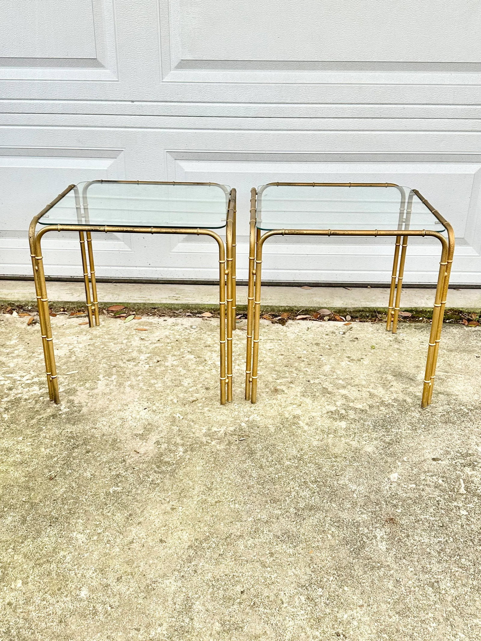 Vintage Faux Bamboo Metal and Glass Side Tables-A Pair - 8