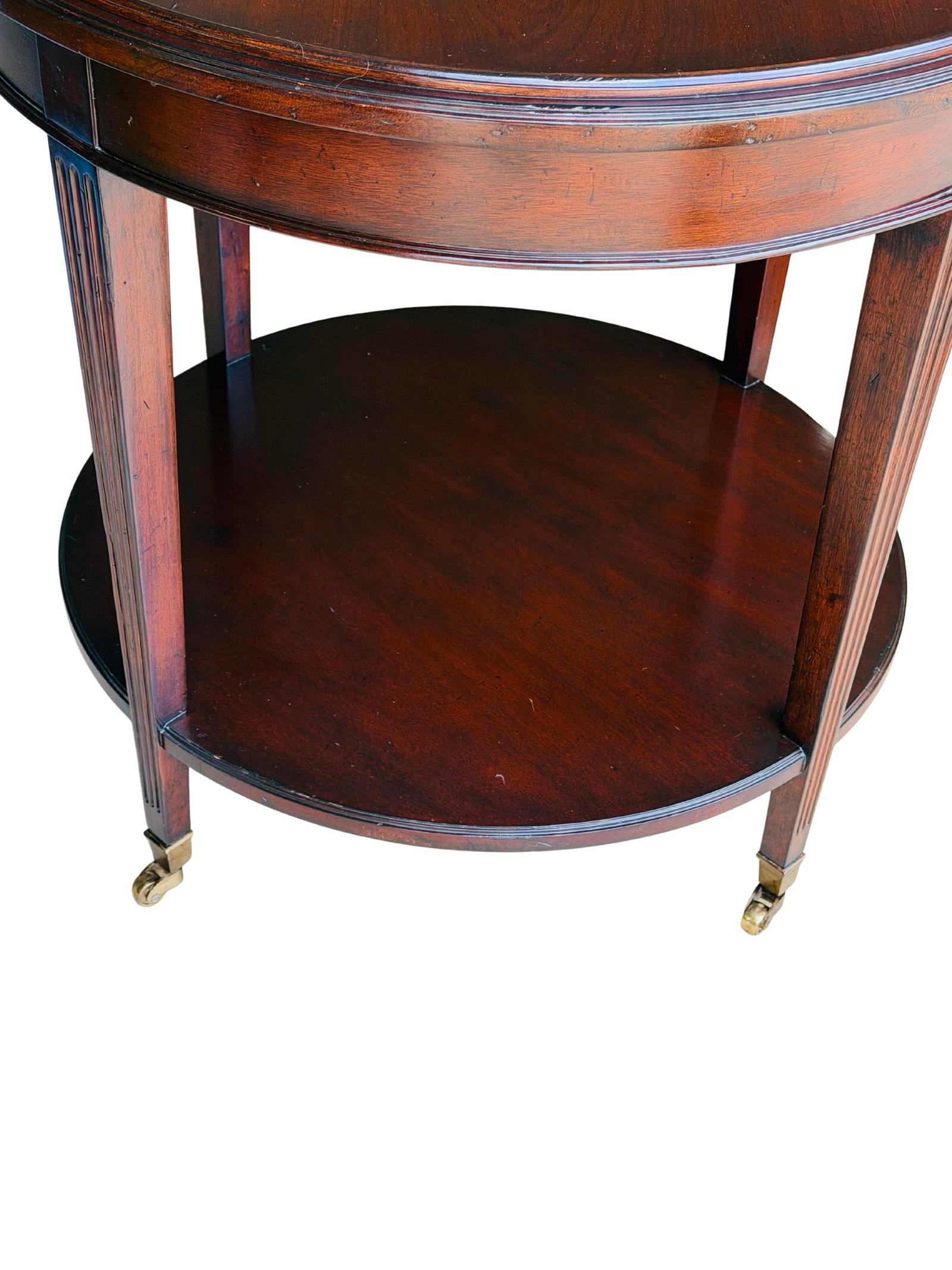 Vintage Mahogany Two-Tier Side Table | Bookmatched Starburst Top | Fluted Legs | Brass Caster Feet - 10