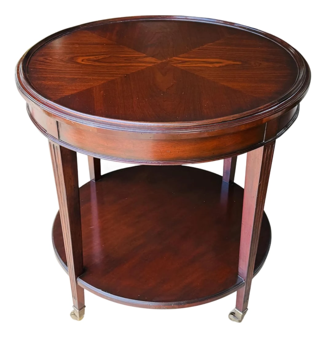 Vintage Mahogany Two-Tier Side Table | Bookmatched Starburst Top | Fluted Legs | Brass Caster Feet (1 of 11)
