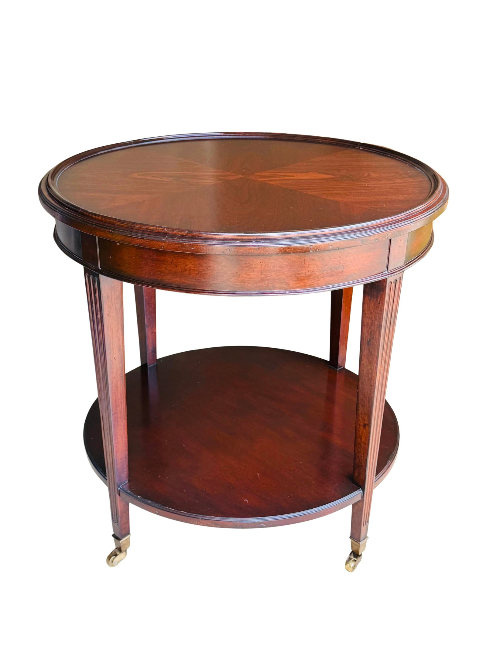Vintage Mahogany Two-Tier Side Table | Bookmatched Starburst Top | Fluted Legs | Brass Caster Feet - 2