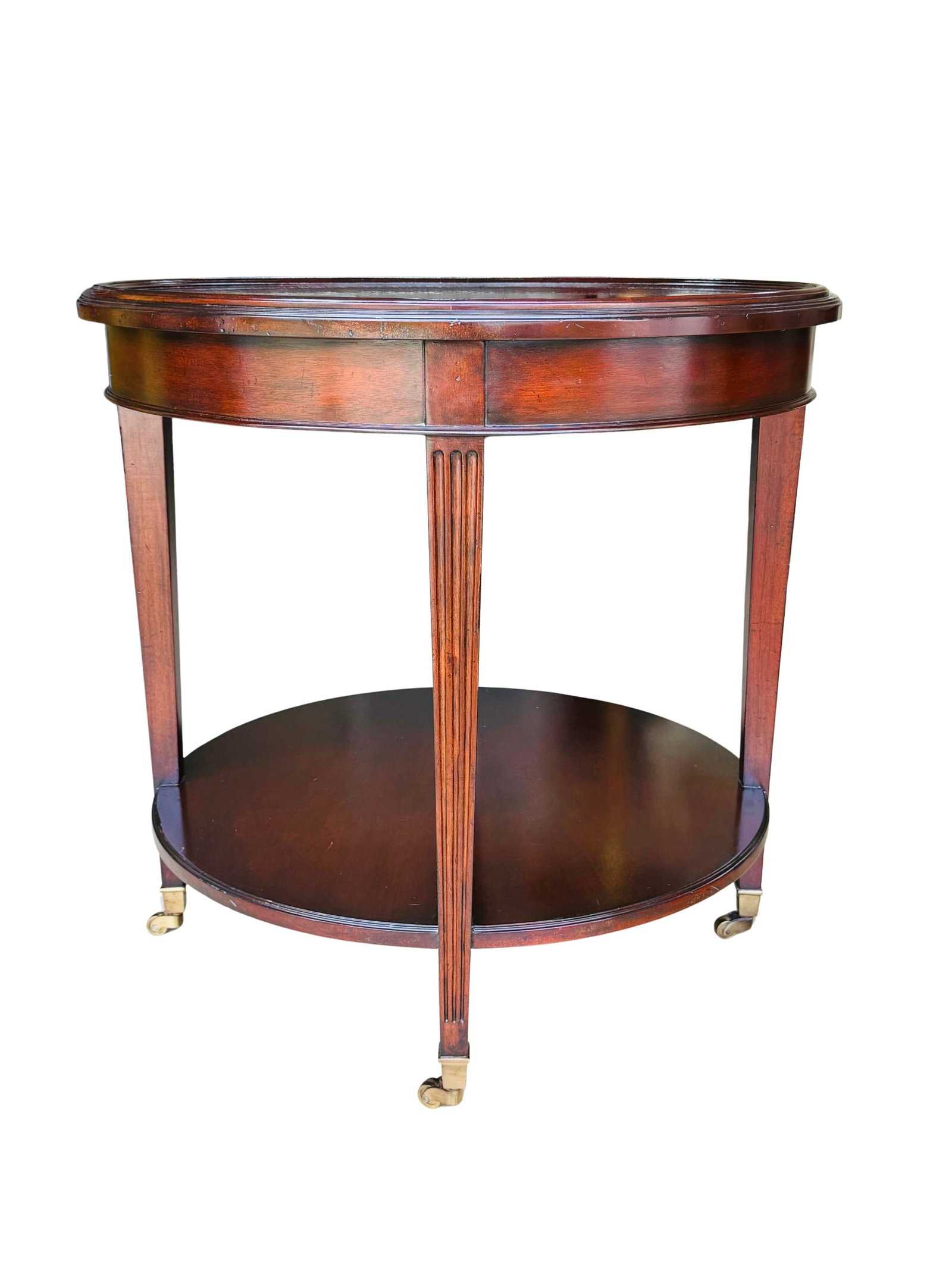 Vintage Mahogany Two-Tier Side Table | Bookmatched Starburst Top | Fluted Legs | Brass Caster Feet - 3