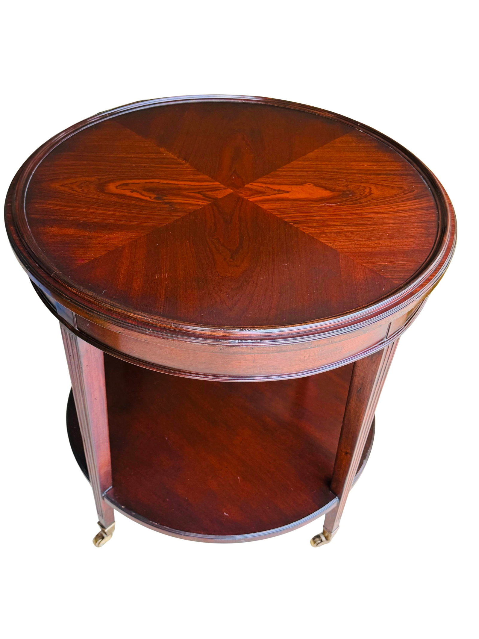 Vintage Mahogany Two-Tier Side Table | Bookmatched Starburst Top | Fluted Legs | Brass Caster Feet - 5