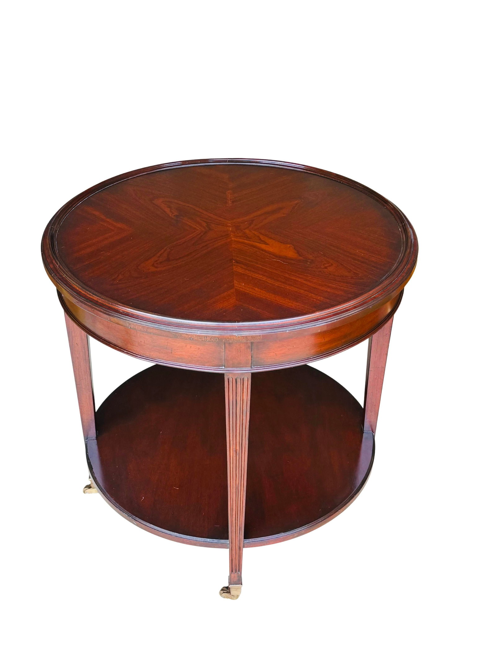 Vintage Mahogany Two-Tier Side Table | Bookmatched Starburst Top | Fluted Legs | Brass Caster Feet - 6