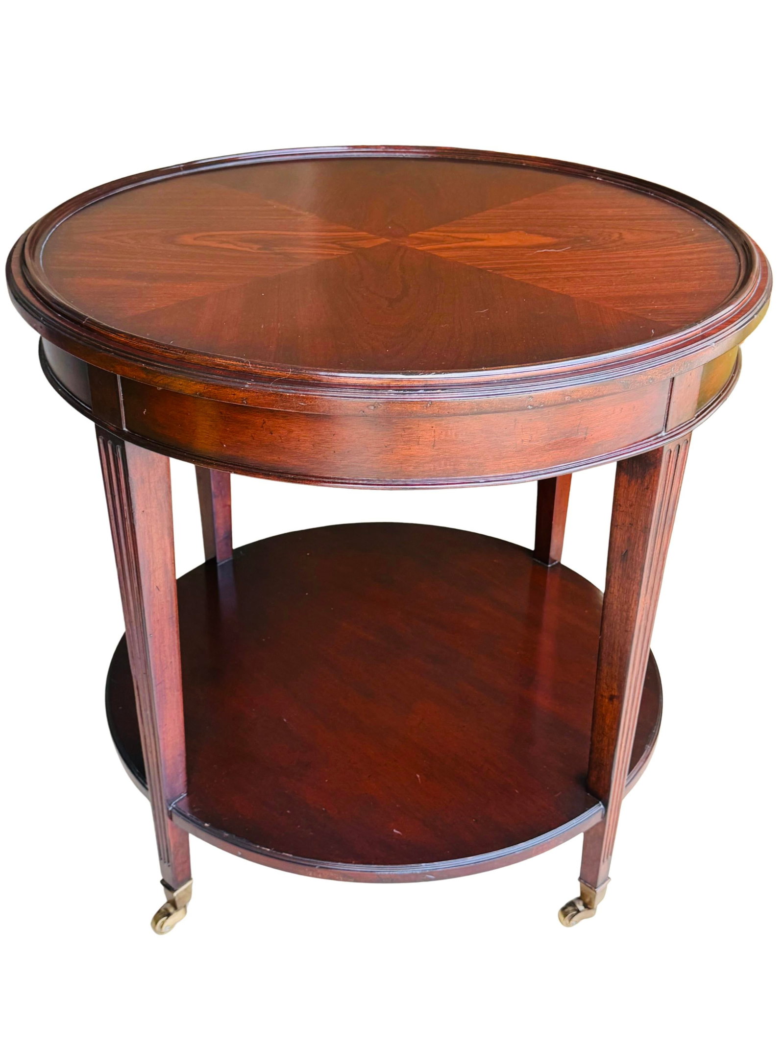 Vintage Mahogany Two-Tier Side Table | Bookmatched Starburst Top | Fluted Legs | Brass Caster Feet - 7