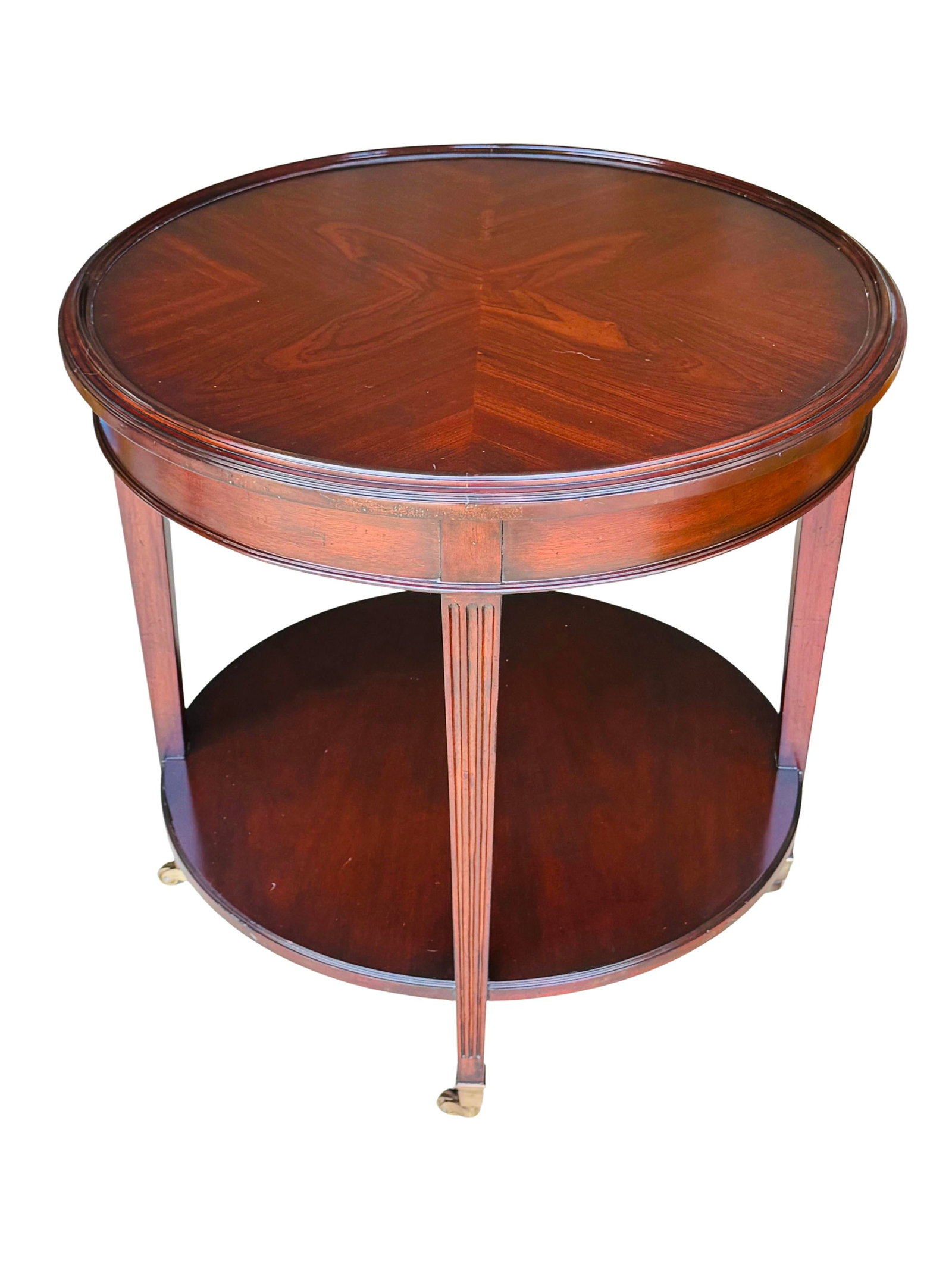 Vintage Mahogany Two-Tier Side Table | Bookmatched Starburst Top | Fluted Legs | Brass Caster Feet - 8