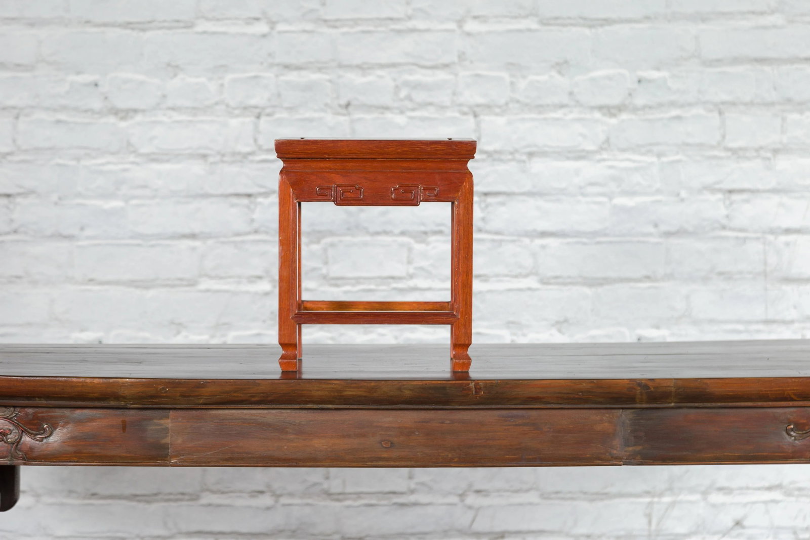 Chinese Vintage Small Stool with Scroll-Carved Apron and Side Stretchers - 2