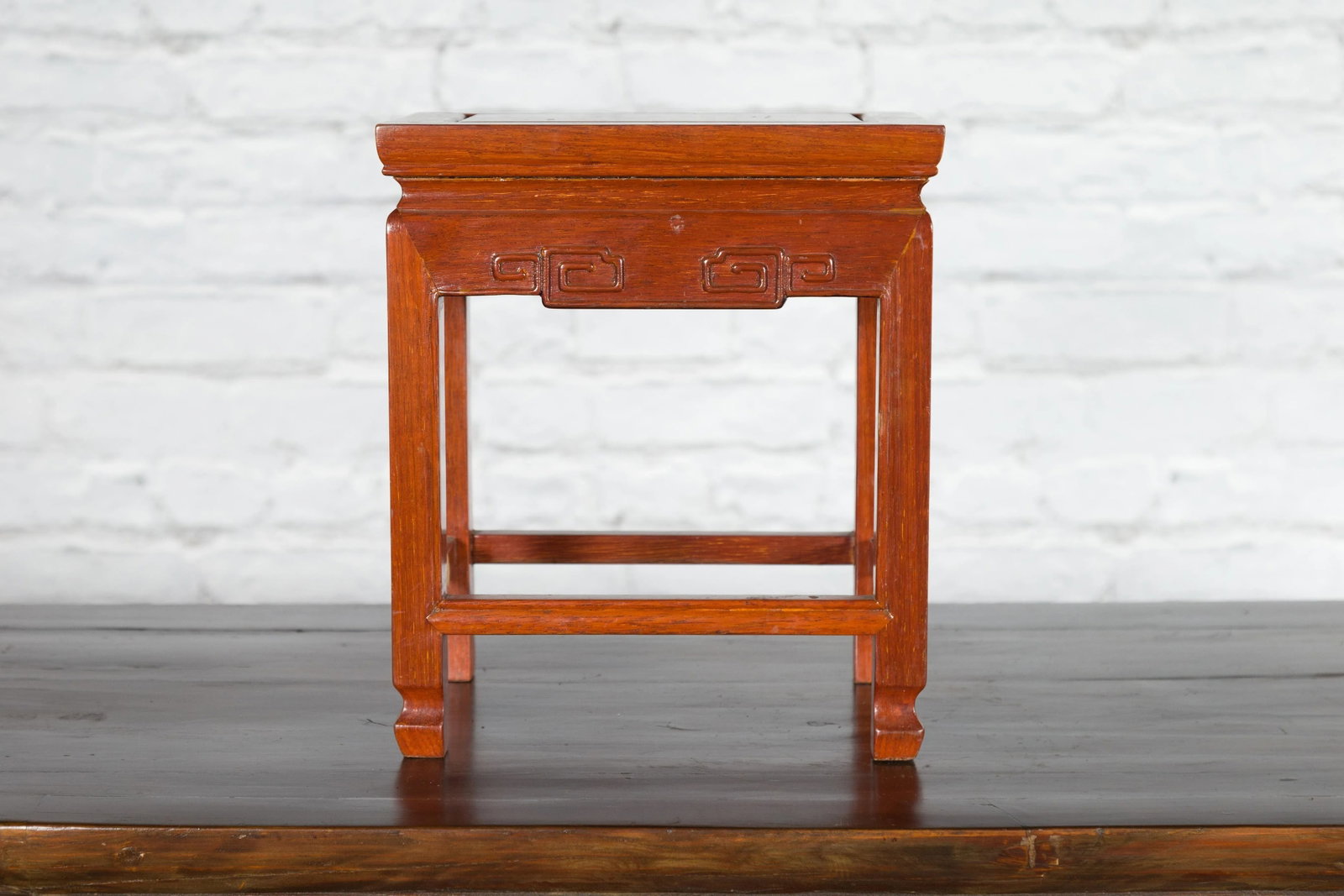Chinese Vintage Small Stool with Scroll-Carved Apron and Side Stretchers - 3