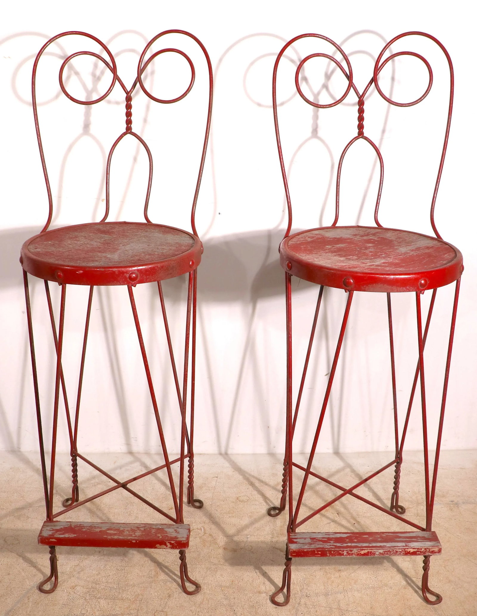 Pr. Vintage Wrought Iron Ice Cream Parlor Bar Height Stools - 2