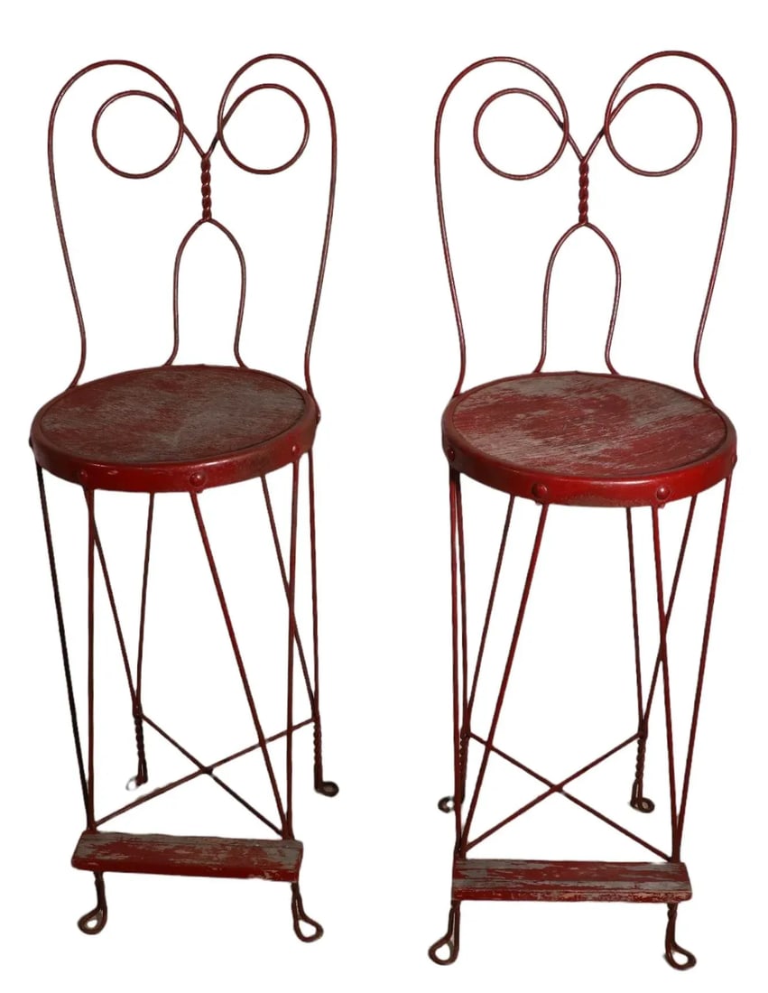 Pr. Vintage Wrought Iron Ice Cream Parlor Bar Height Stools - 7