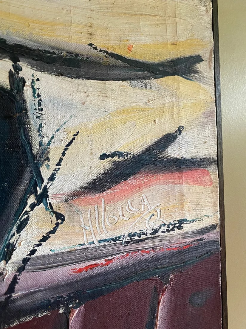 Vintage Mid Century Signed Man on a Boat Painting on Canvas - 4