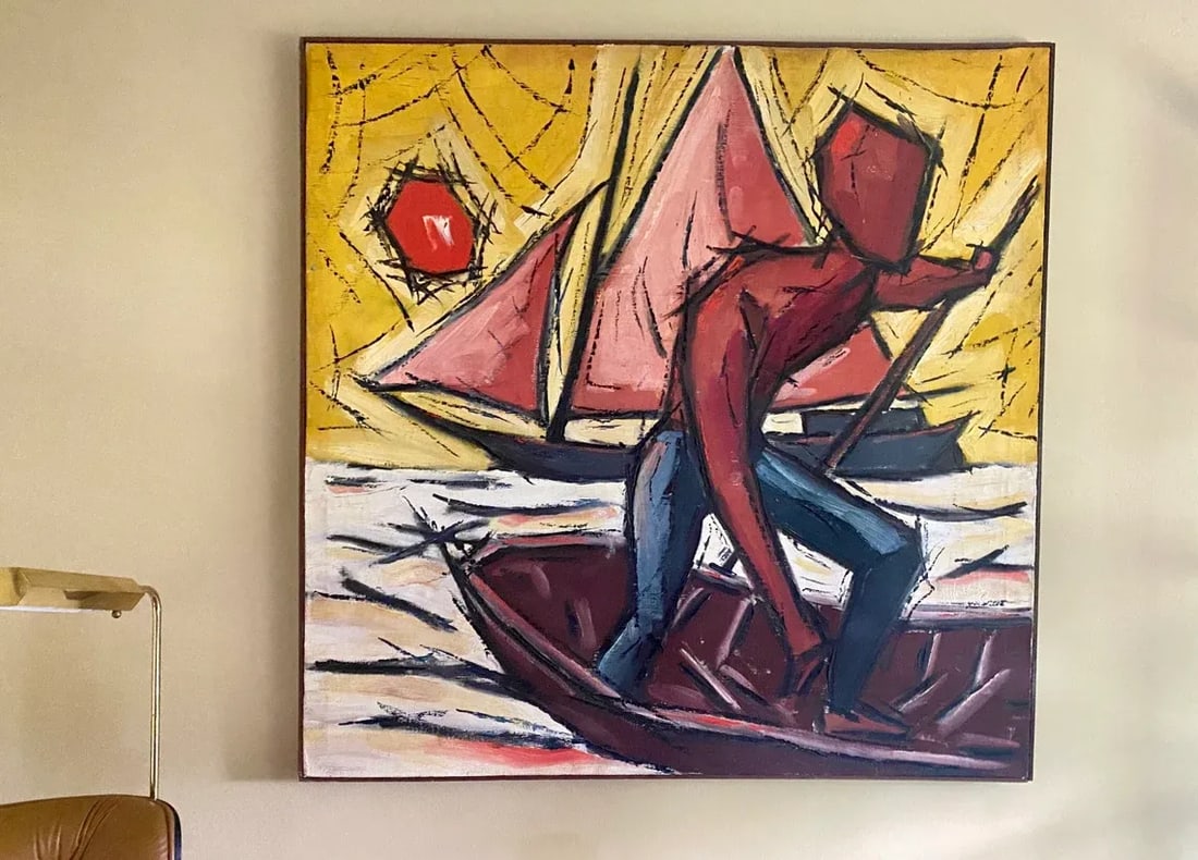 Vintage Mid Century Signed Man on a Boat Painting on Canvas - 8