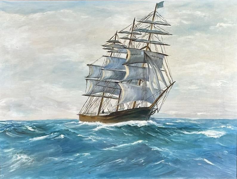 Vintage Mid Century Maritime Clipper Ship Framed Original Seascape Oil Painting - 2