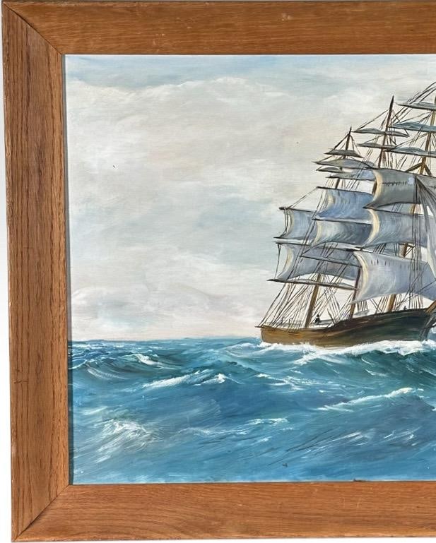 Vintage Mid Century Maritime Clipper Ship Framed Original Seascape Oil Painting - 3