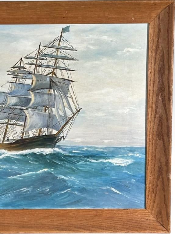 Vintage Mid Century Maritime Clipper Ship Framed Original Seascape Oil Painting - 4